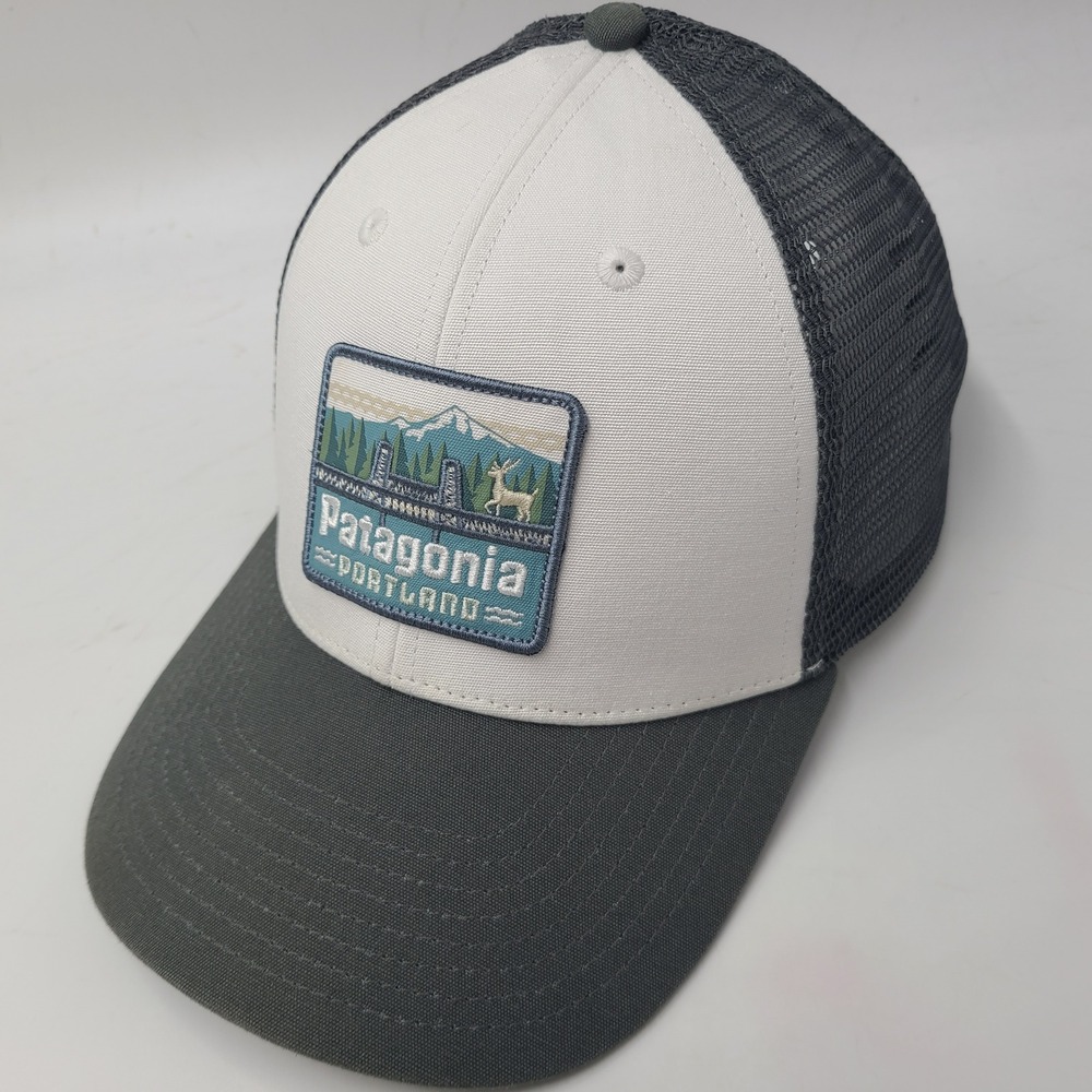 Patagonia Hat Snapback Trucker Mesh White Gray Portland Oregon Stag on the Steel
